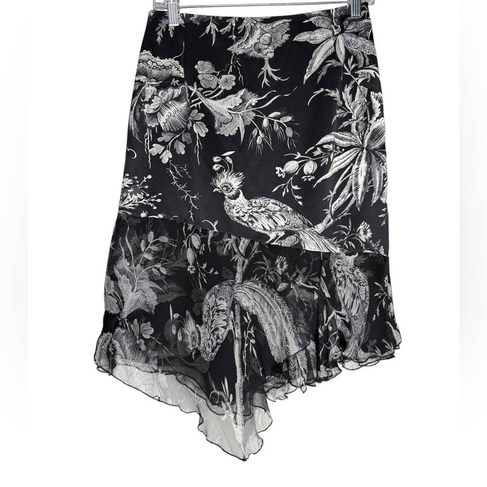 Renato Nucci Skirt 100% Silk Black White Asymmetrical EU 40 US 8 Floral Bird